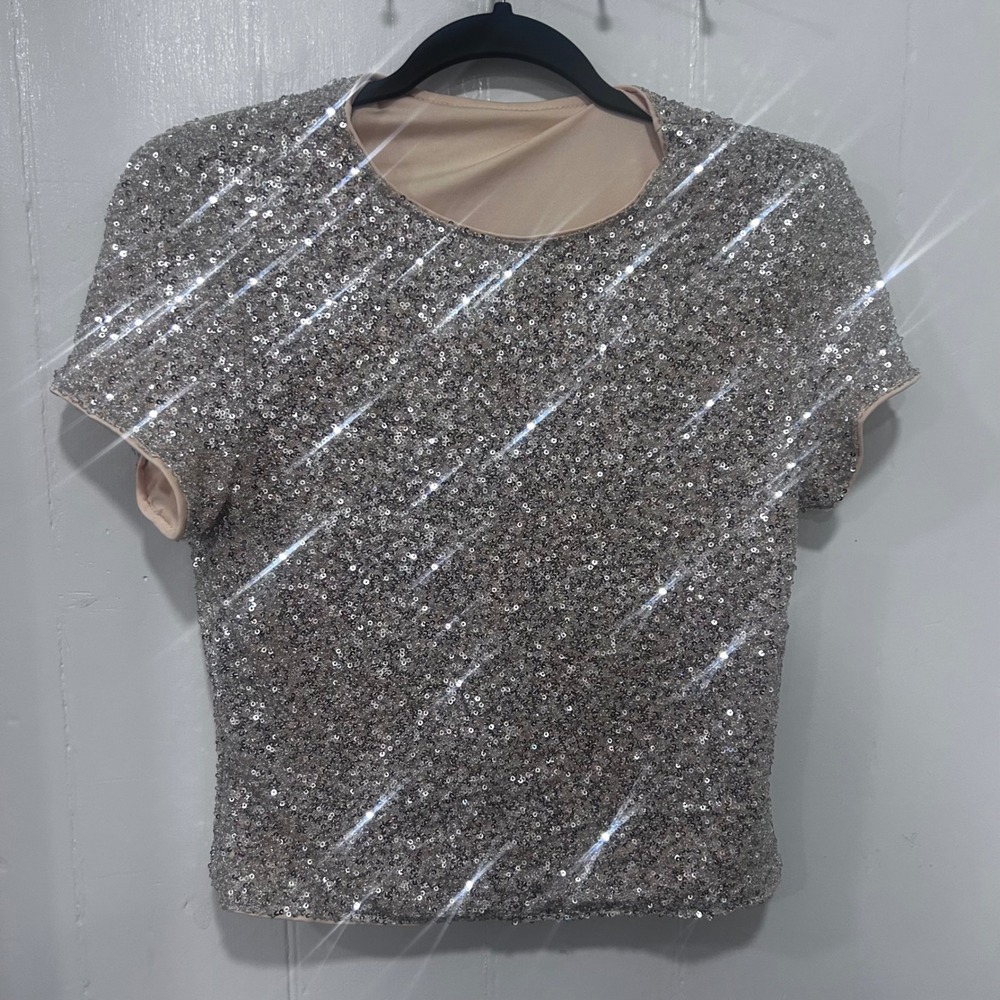 Sequin Short Sleeve Crop Top Sparkly Party Blouse Crew Neck Size M